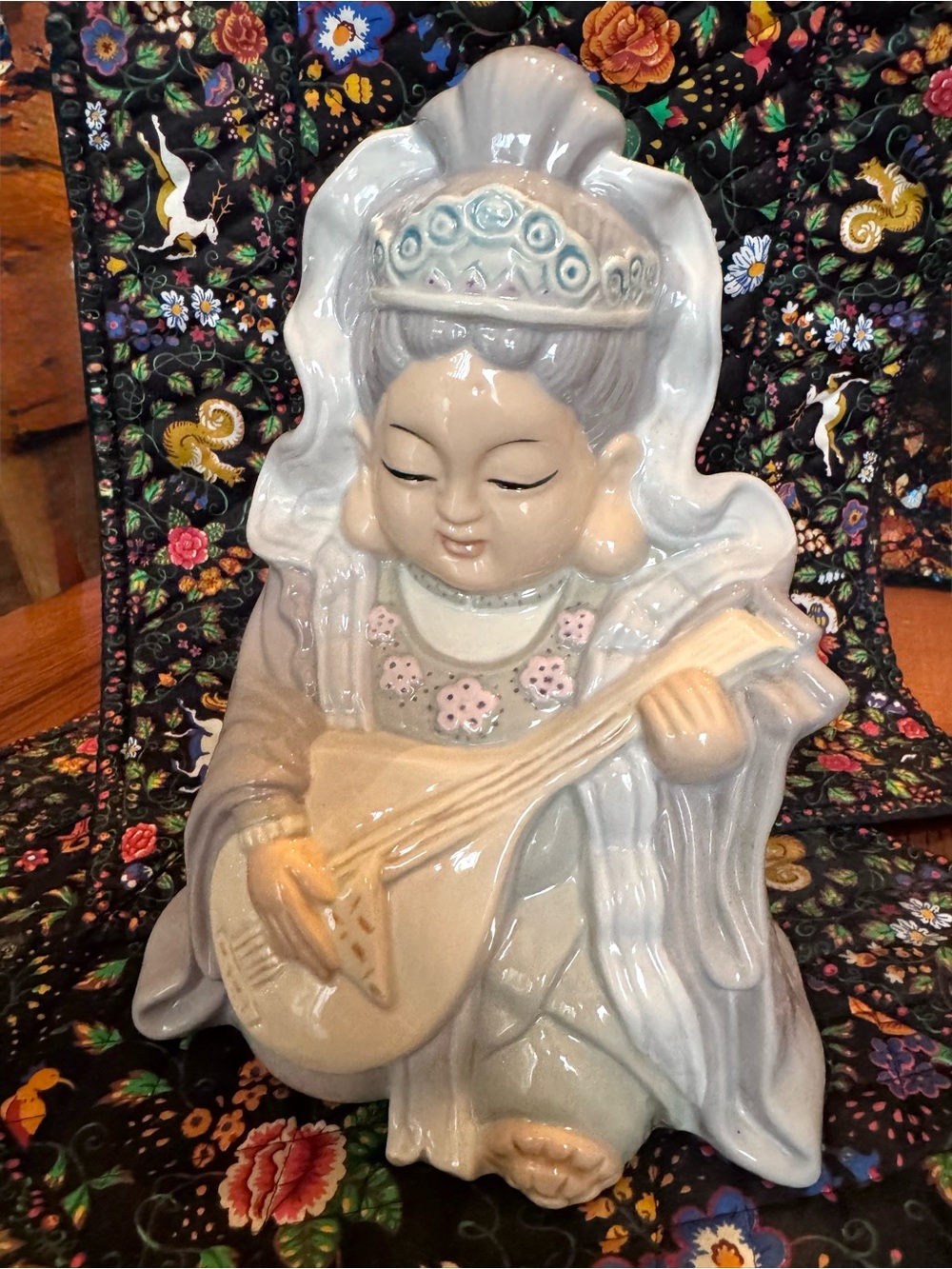 Japanese Goddess Benzaiten Playing Lute Ceramic Figure Statue Painted 1983